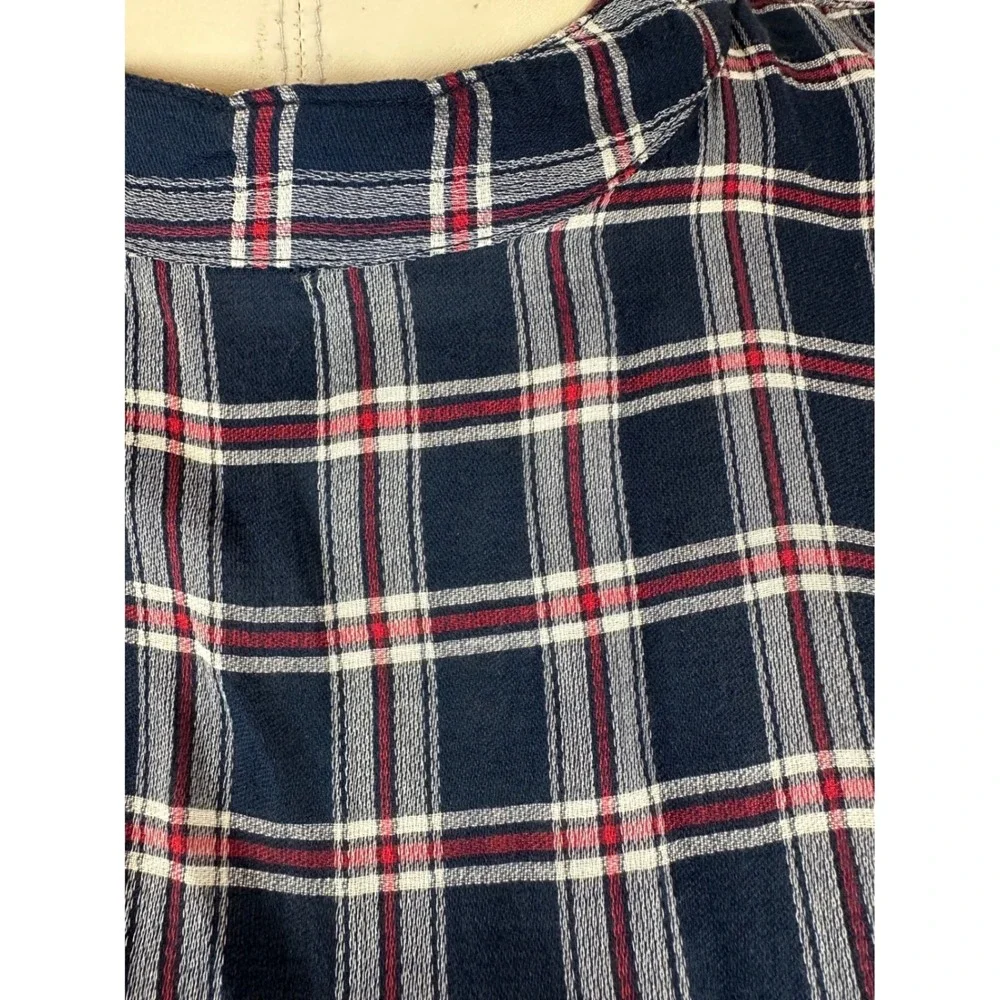 LOFT Navy Blue, Red & White Plaid Blouse Mock Neck Puff Sleeves NWT XS